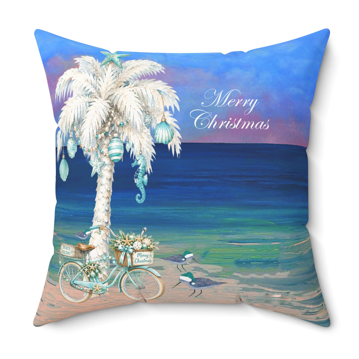 Coastal Christmas Pillow — Beach Palm Tree "Merry Christmas" Throw Pillow