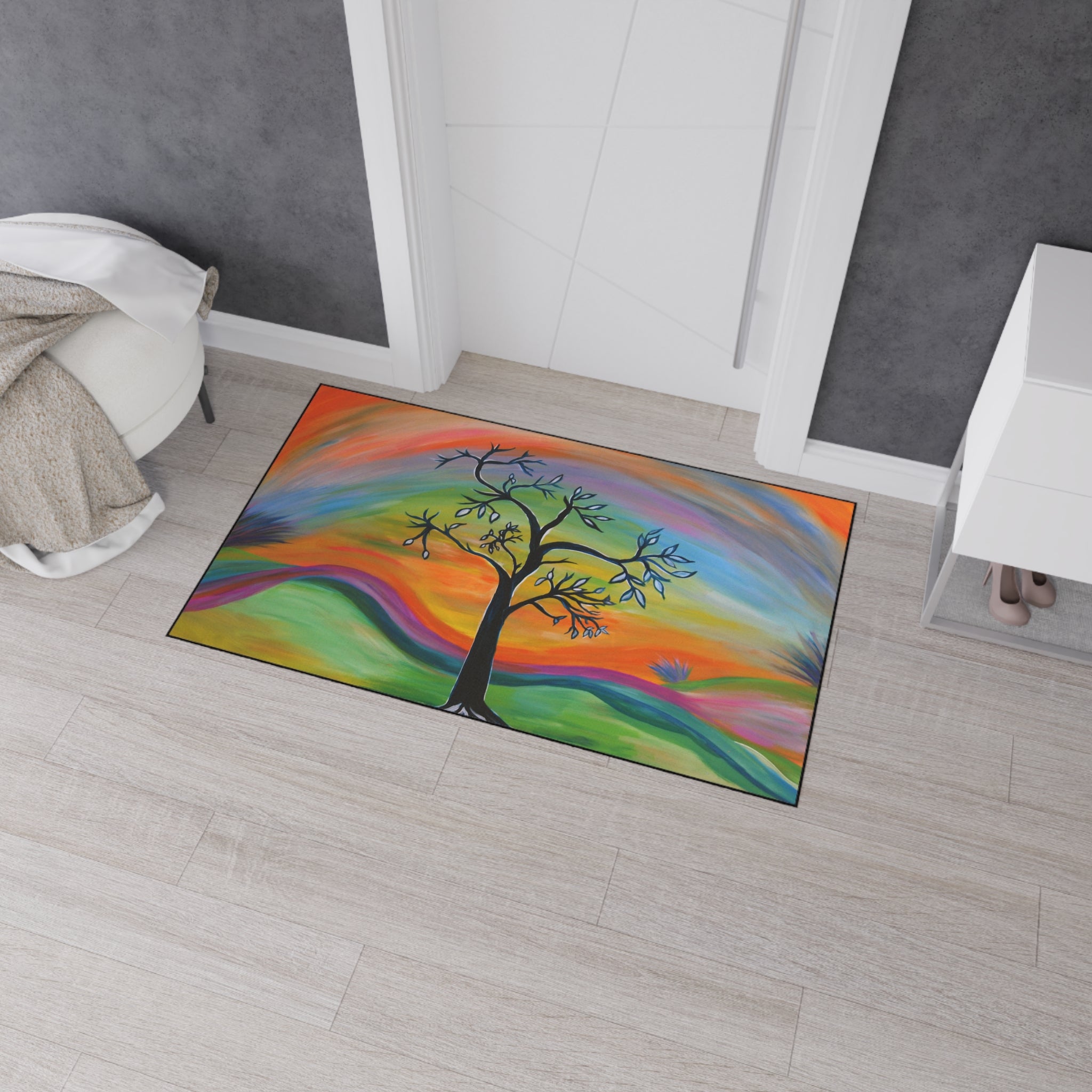 Retro Colorful Tree Heavy-Duty Floor Mat — Vibrant Abstract Welcome Rug