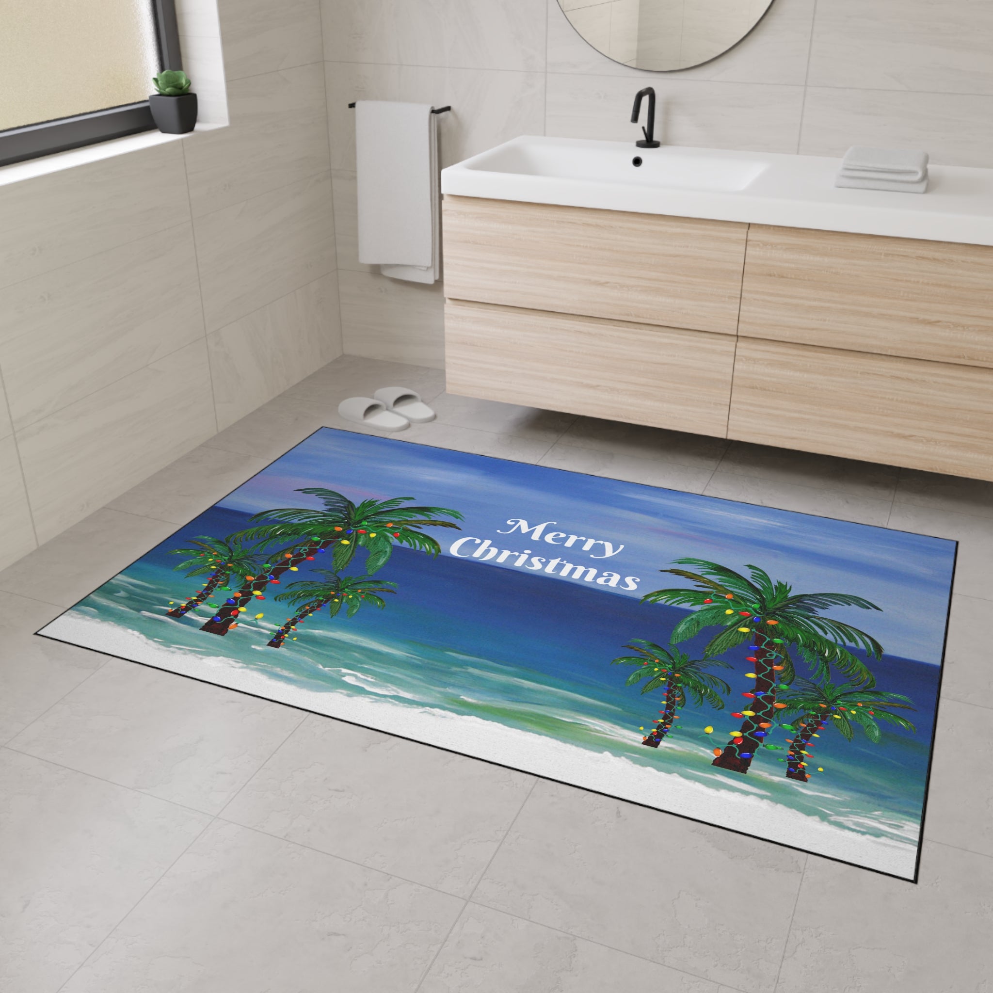 Merry Christmas Beach Floor Mat — Tropical Palm Trees Holiday Doormat