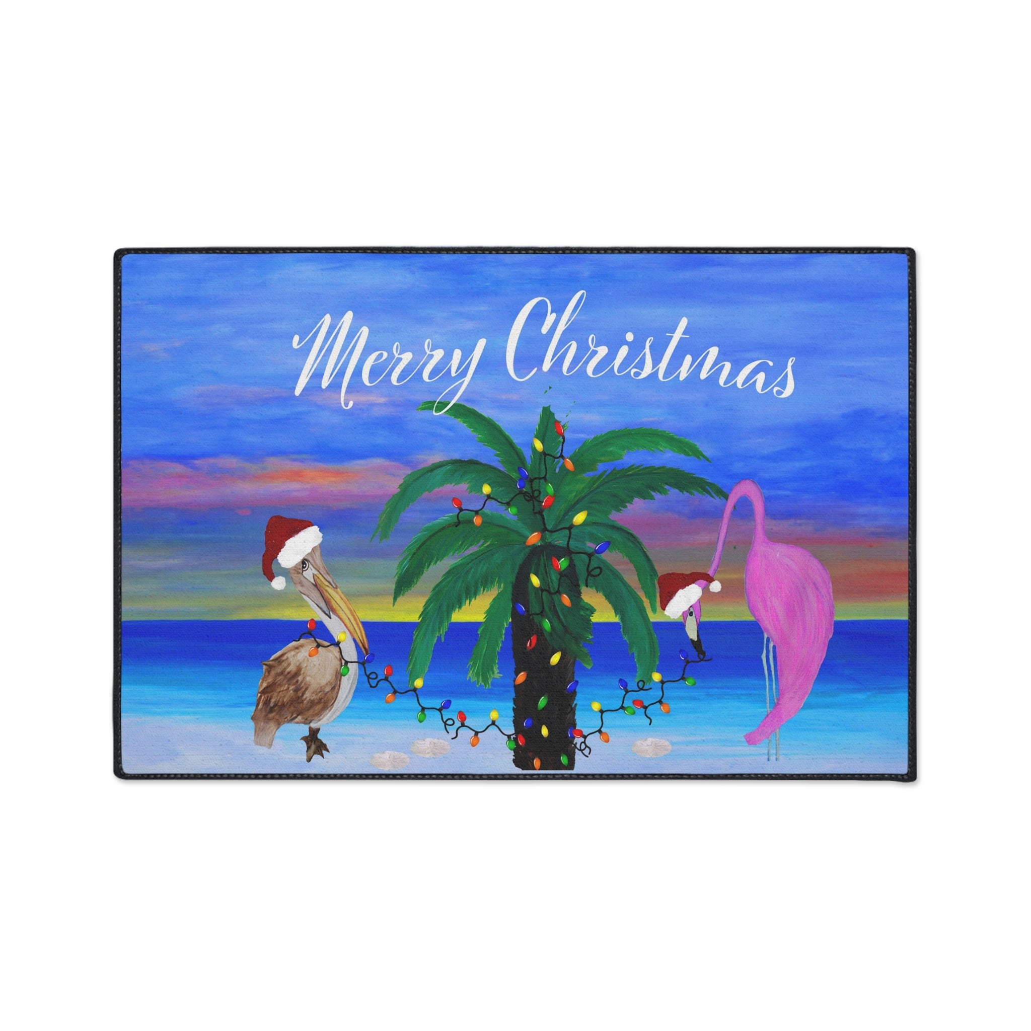 Christmas Beach Floor Mat – 'Merry Christmas' Palm Tree with Pelican & Flamingo Holiday Doormat