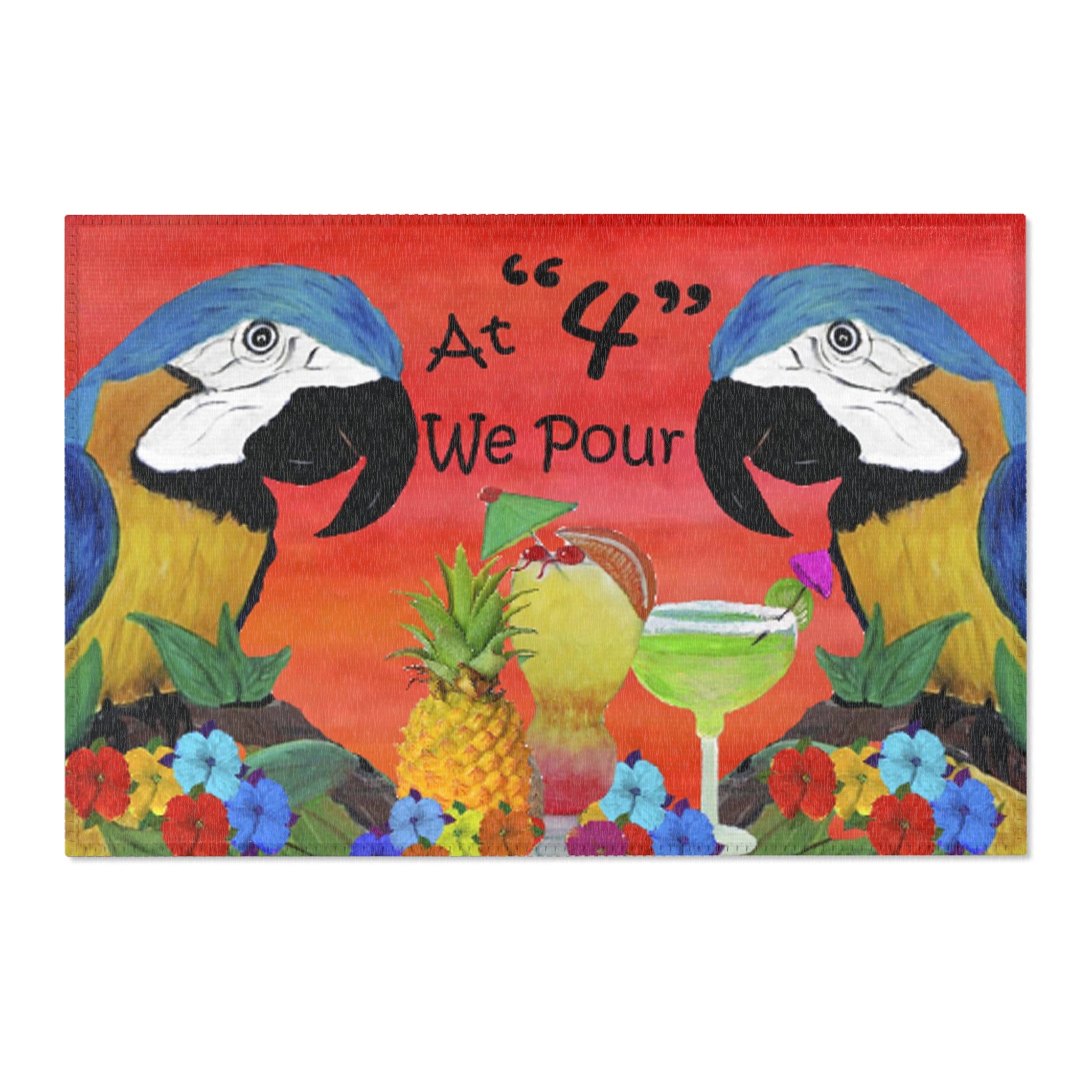 Tropical Parrot Cocktail Area Rug — "At 4 We Pour" Colorful Beach Vibe Mat