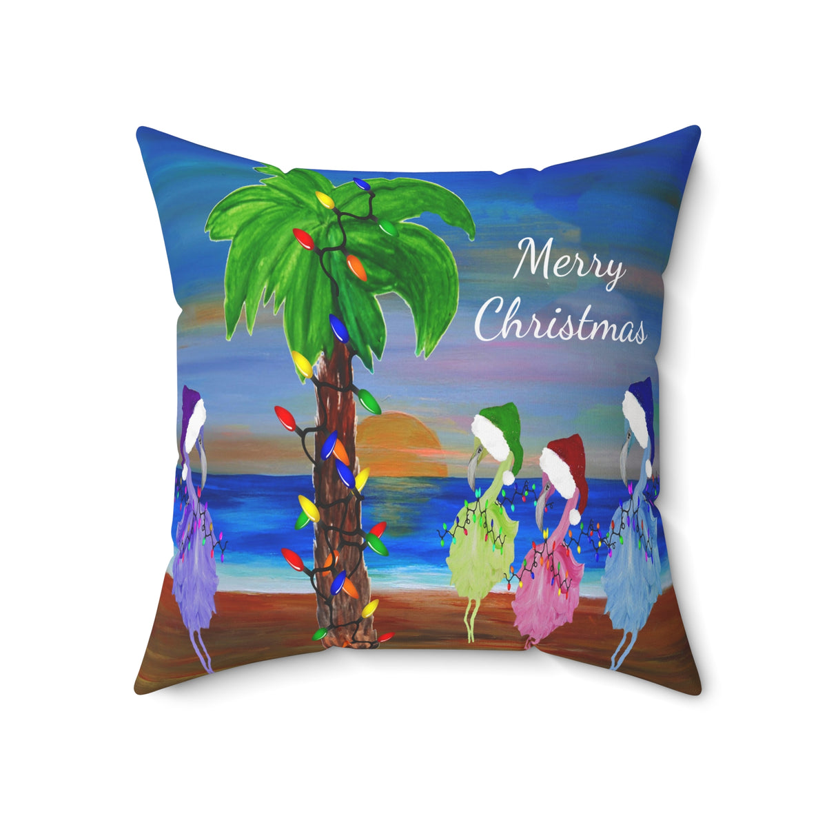 Flamingos Merry Christmas Tropical Palm Pillow — Festive Beach Holiday Decor