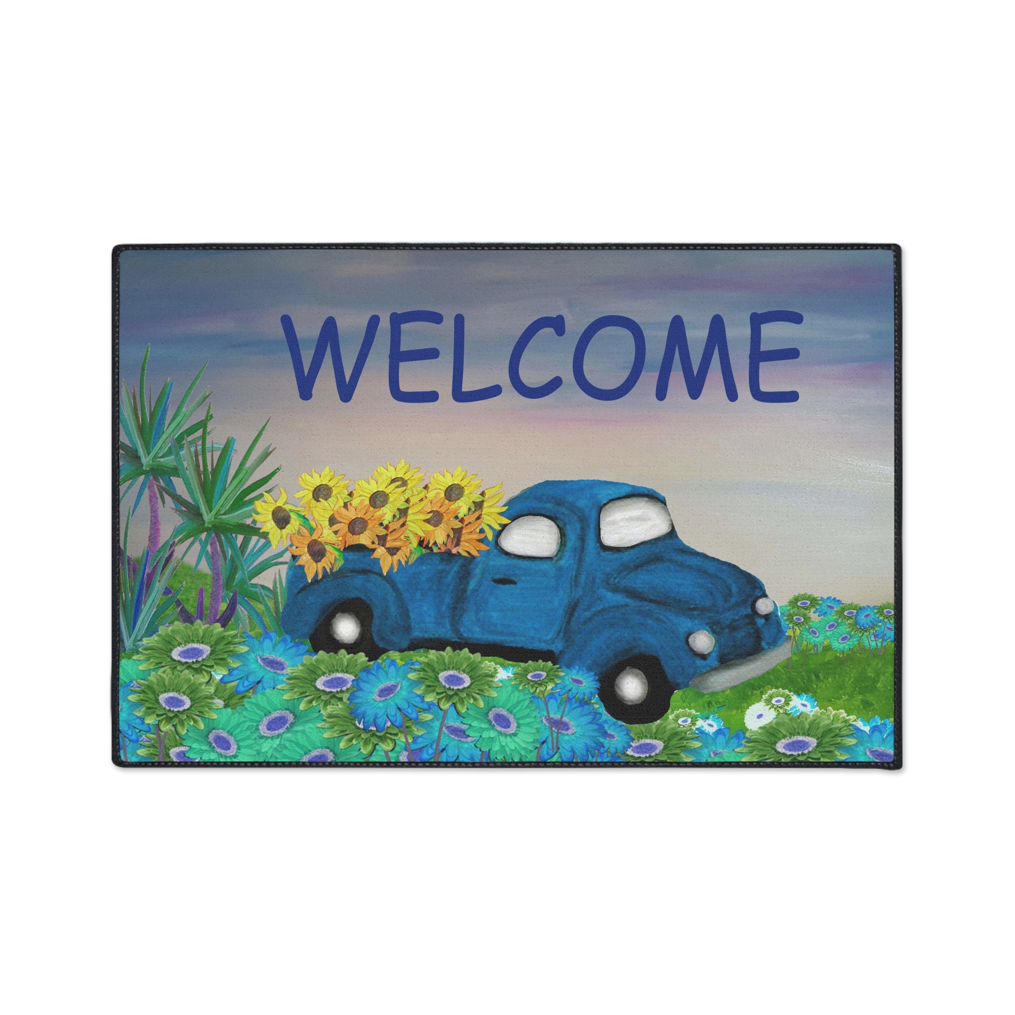 Welcome Blue Truck Doormat - Heavy Duty Floor Mat with Sunflowers