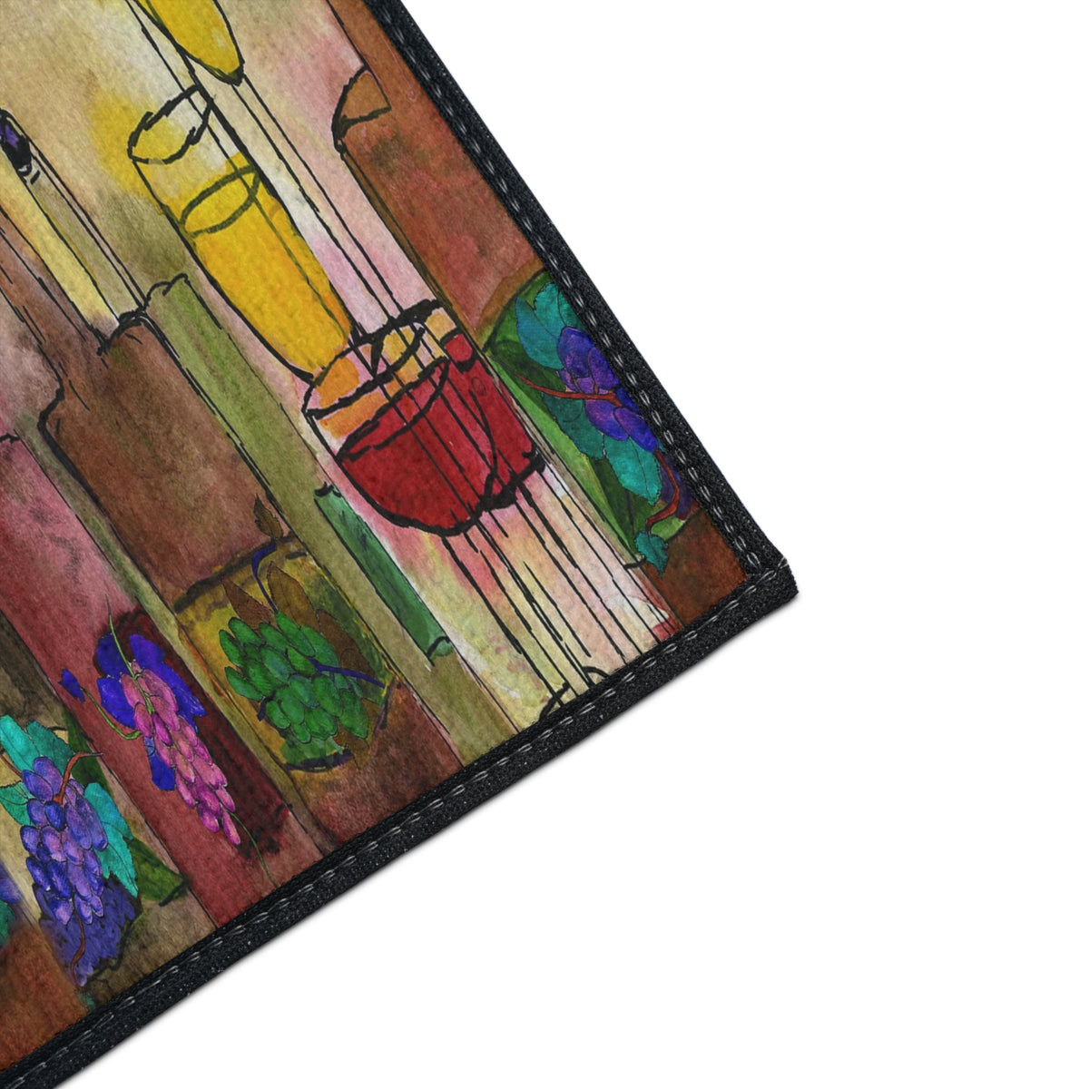 Wine Bottle Art Heavy Duty Floor Mat Vineyard Bar Colorful Grapes & Glasses Entry Rug