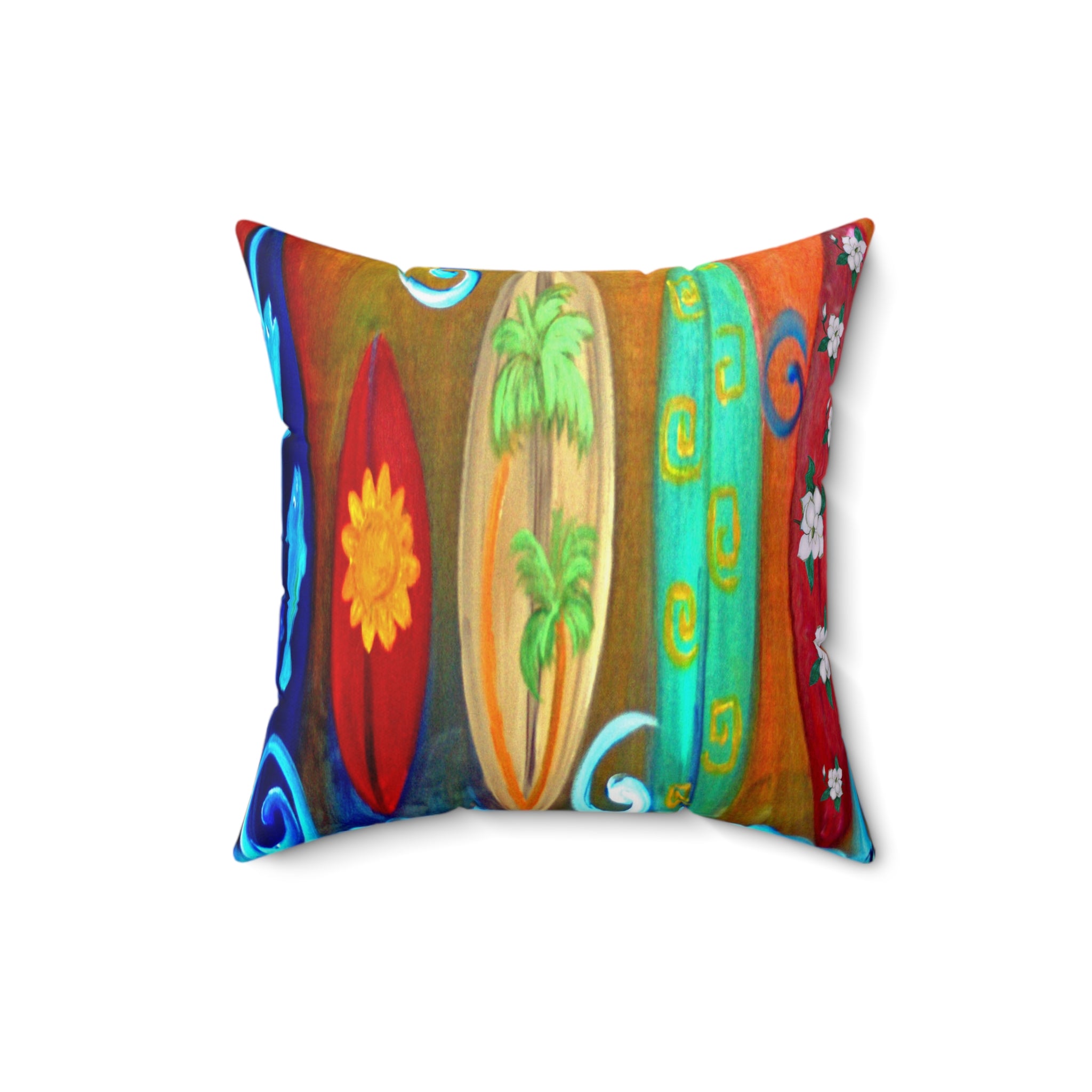 Surfboard Art Decorative Pillow — Colorful Tropical Beach Throw Pillow