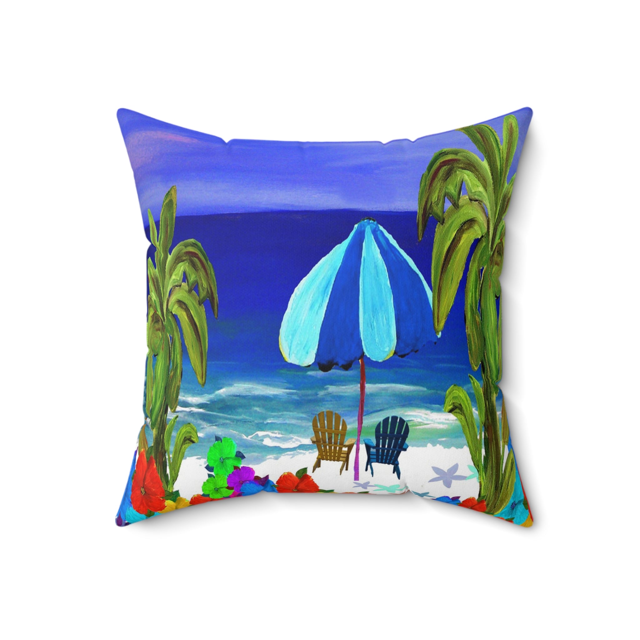 Beach Scene Throw Pillow — Tropical Umbrella & Palm Trees Decorative Pillow