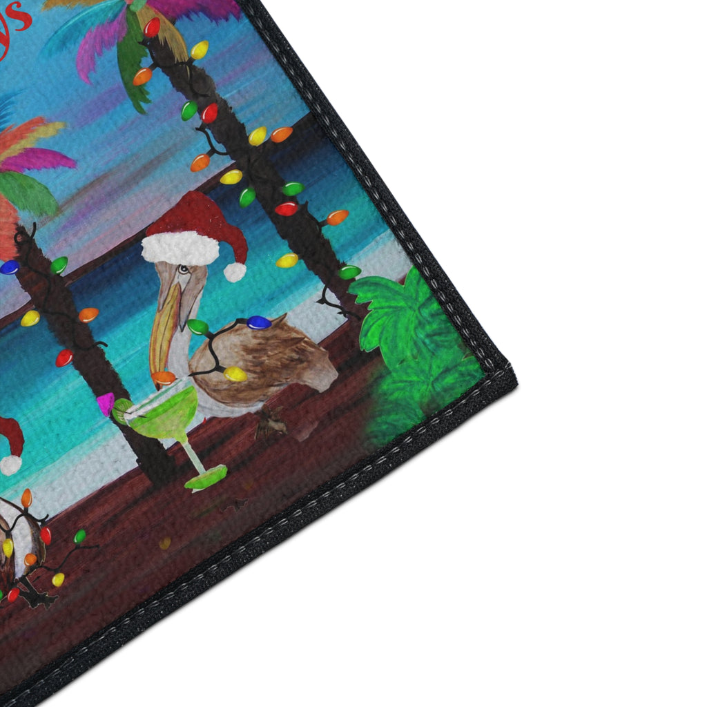 Christmas Pelican Party Cocktails Beach Mat — "Merry Christmas" Holiday Doormat