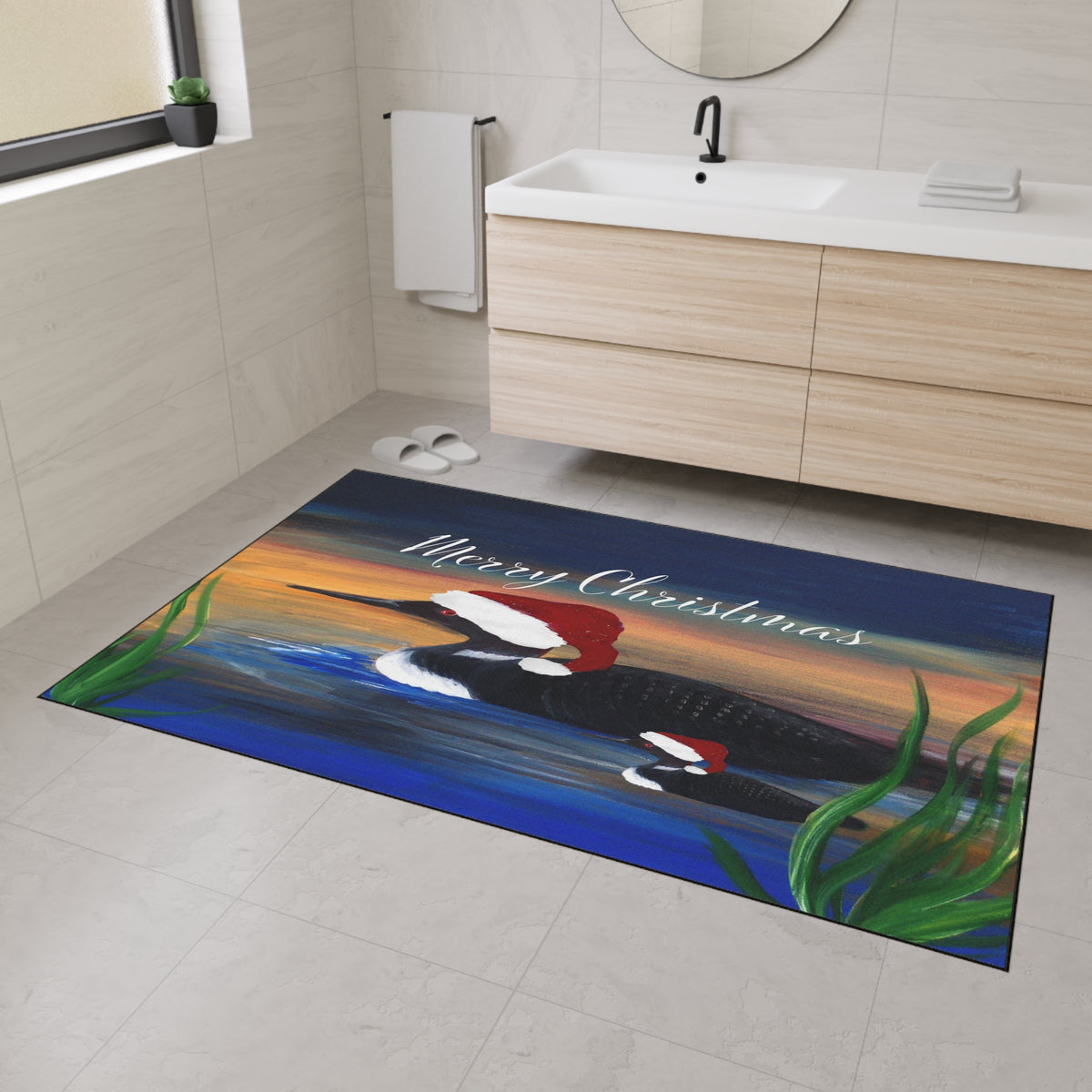Christmas Loon Rug Doormat - "Merry Christmas" Holiday Waterfowl Floor Mat