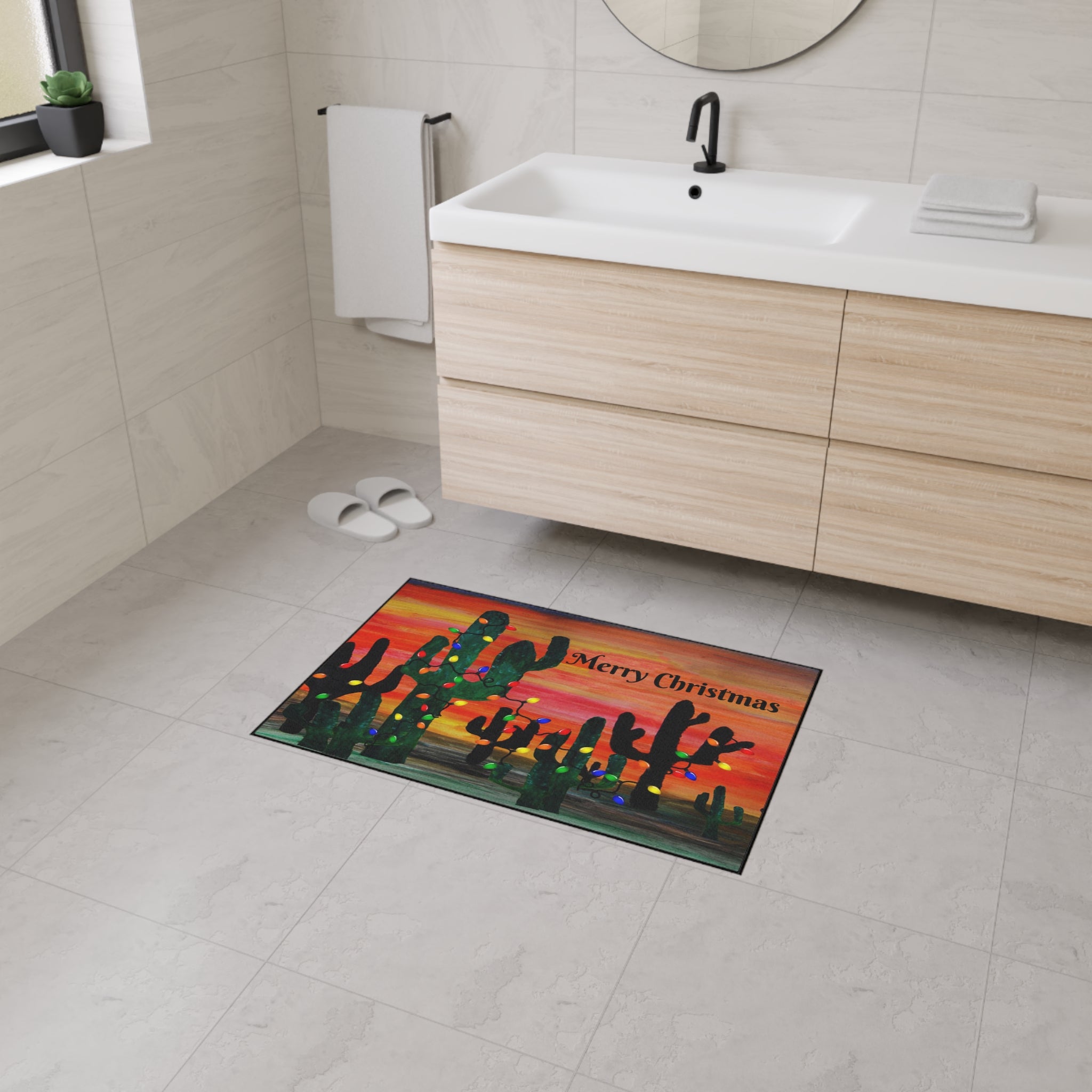 Christmas Cactus Doormat - "Merry Christmas" Desert Sunset Floor Mat