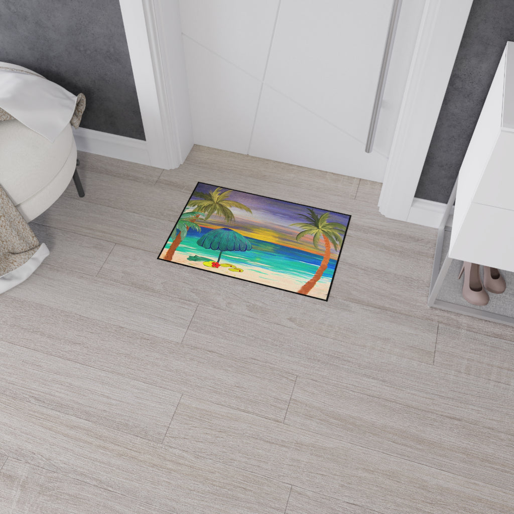 Tropical Sunset Beach Floor Mat — Palm Trees & Umbrella Seaside Doormat