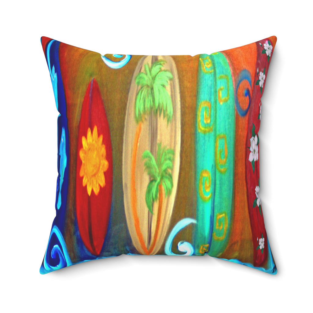 Surfboard Art Decorative Pillow — Colorful Tropical Beach Throw Pillow