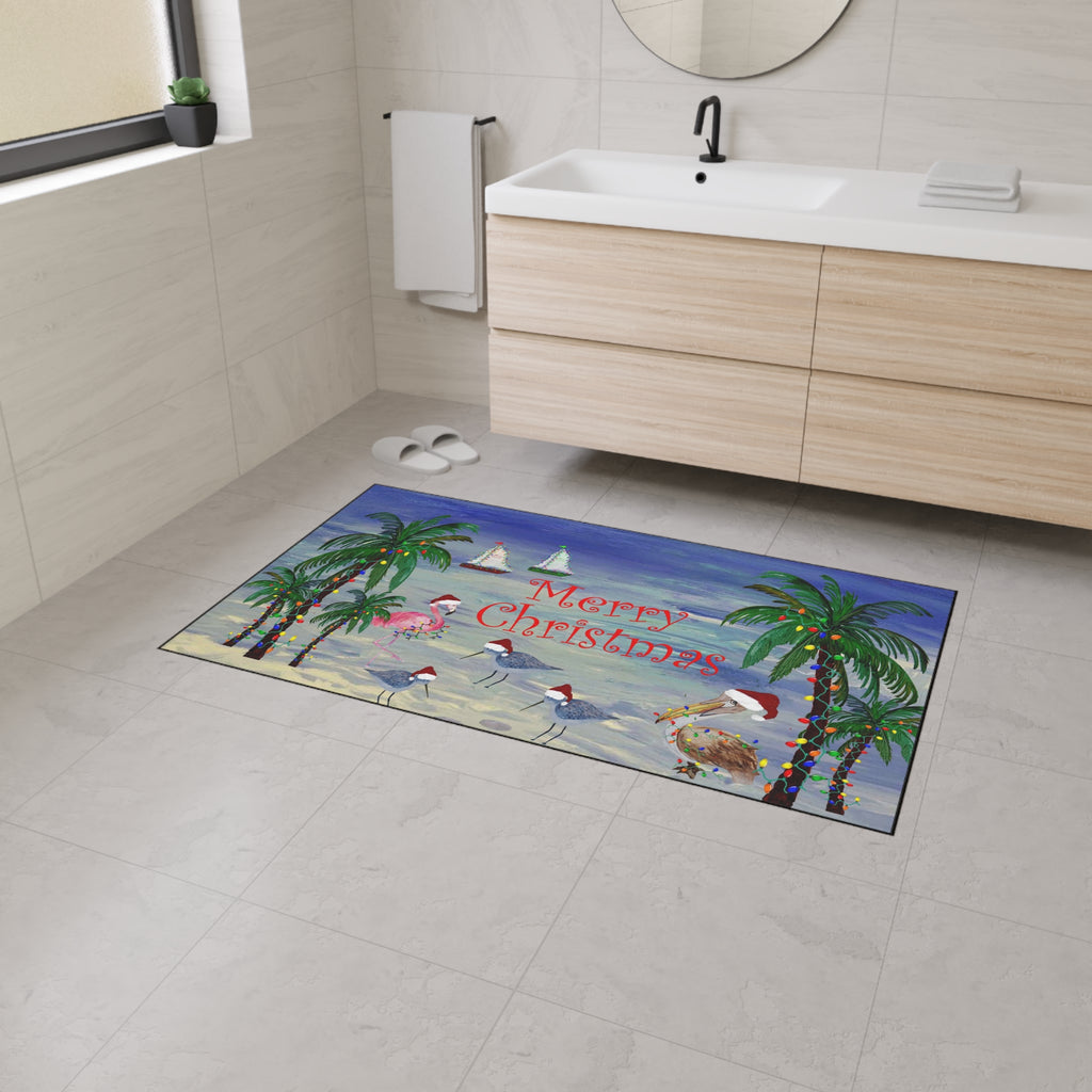 Coastal Christmas Floor Mat — “Merry Christmas” Palm Trees & Seagulls Heavy-Duty Doormat