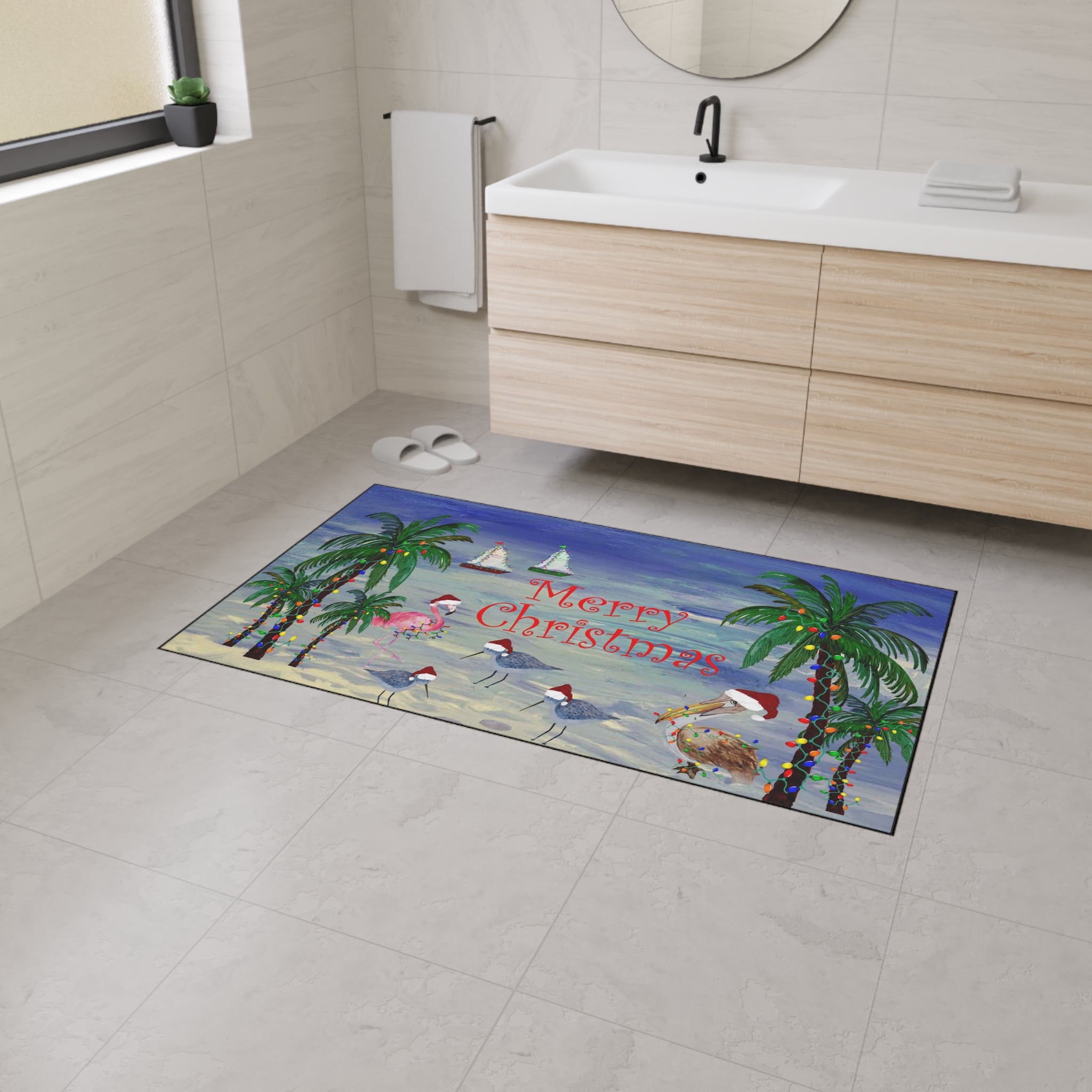 Coastal Christmas Floor Mat — “Merry Christmas” Palm Trees & Seagulls Heavy-Duty Doormat