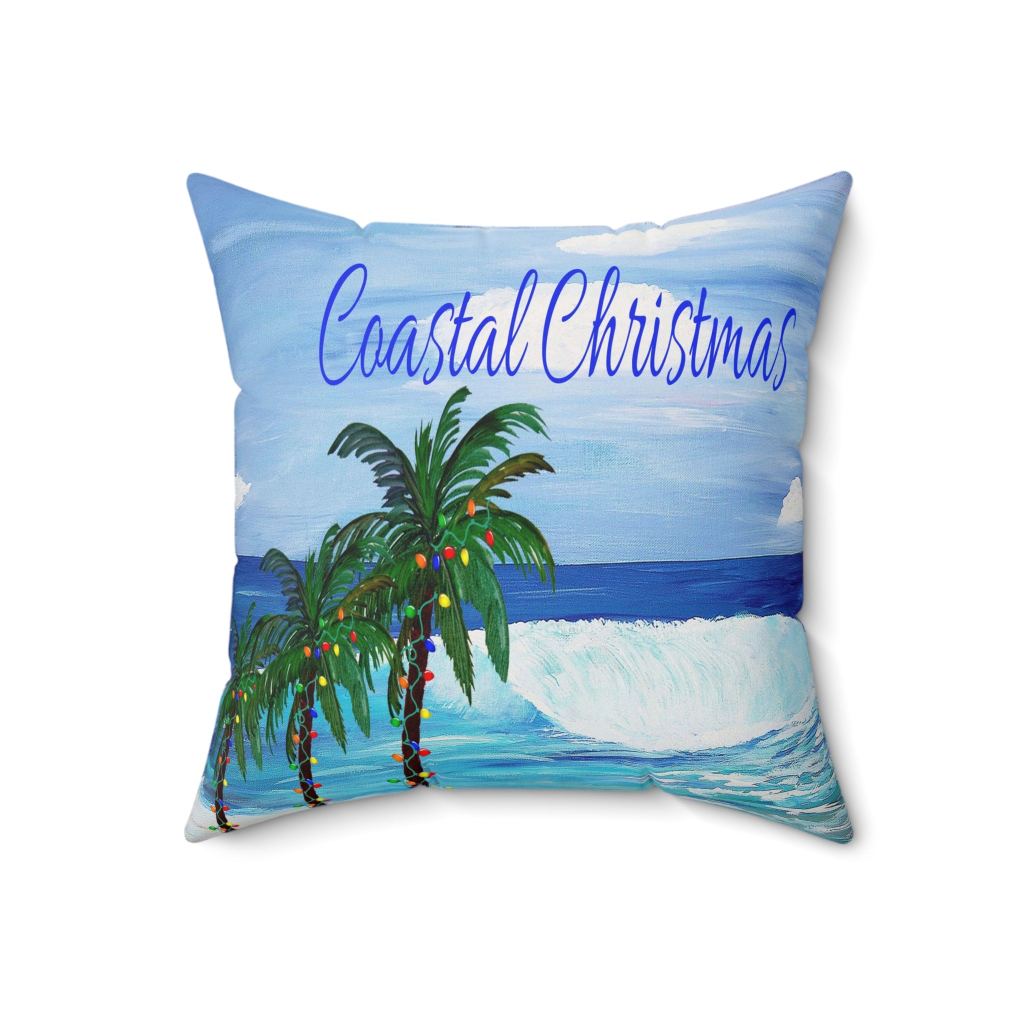 Coastal Christmas Throw Pillow - Tropical Palm Tree Beach Holiday Decor