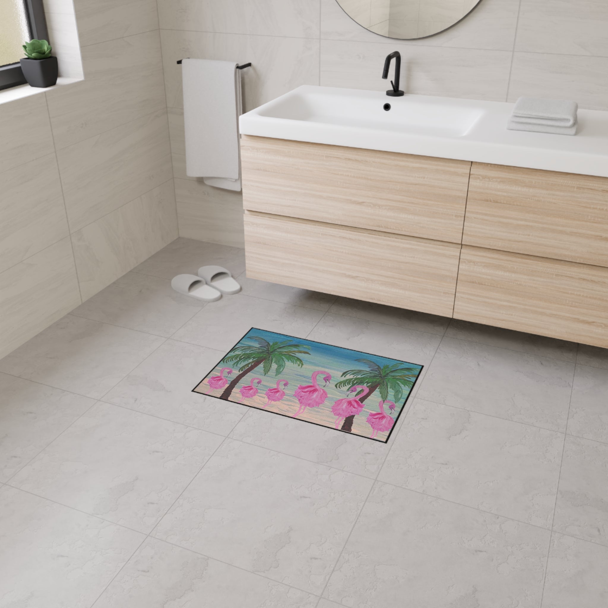 Flamingo Beach Heavy Duty Floor Mat — Tropical Palm Welcome Rug