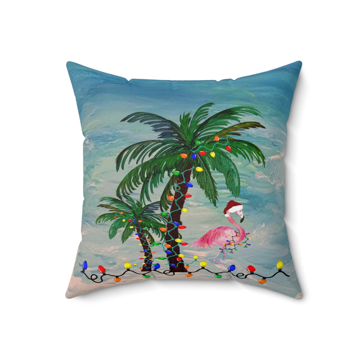 Tropical Christmas Palm Pillow — Flamingo with Holiday Lights