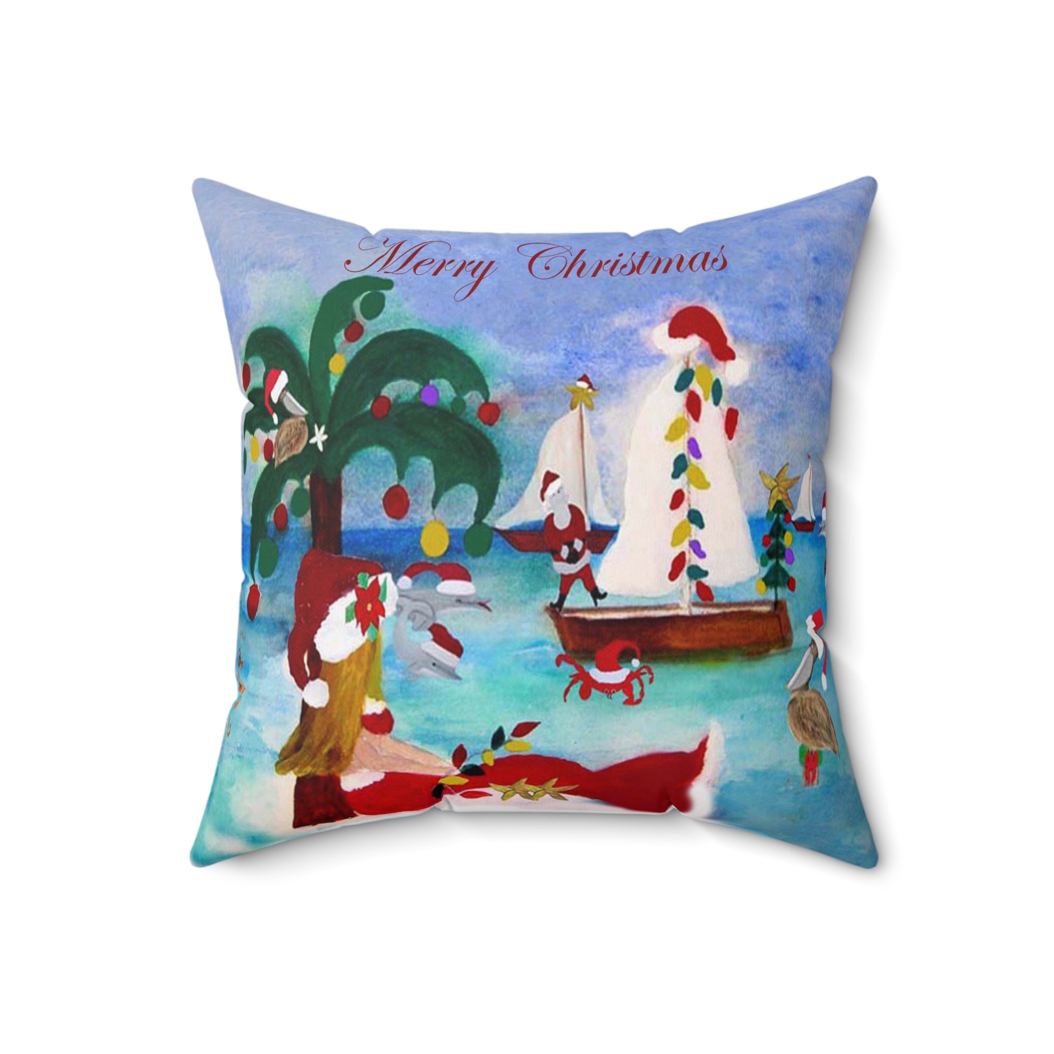 Christmas Coastal Pillow — 'Merry Christmas' Tropical Santa Decorative Throw Pillow