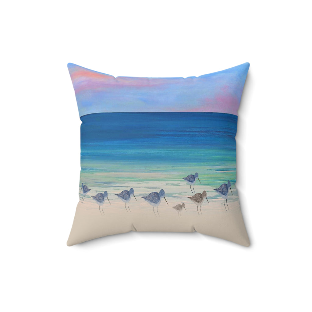 Beach Shorebirds Throw Pillow — Coastal Ocean Sunset Decorative Pillow