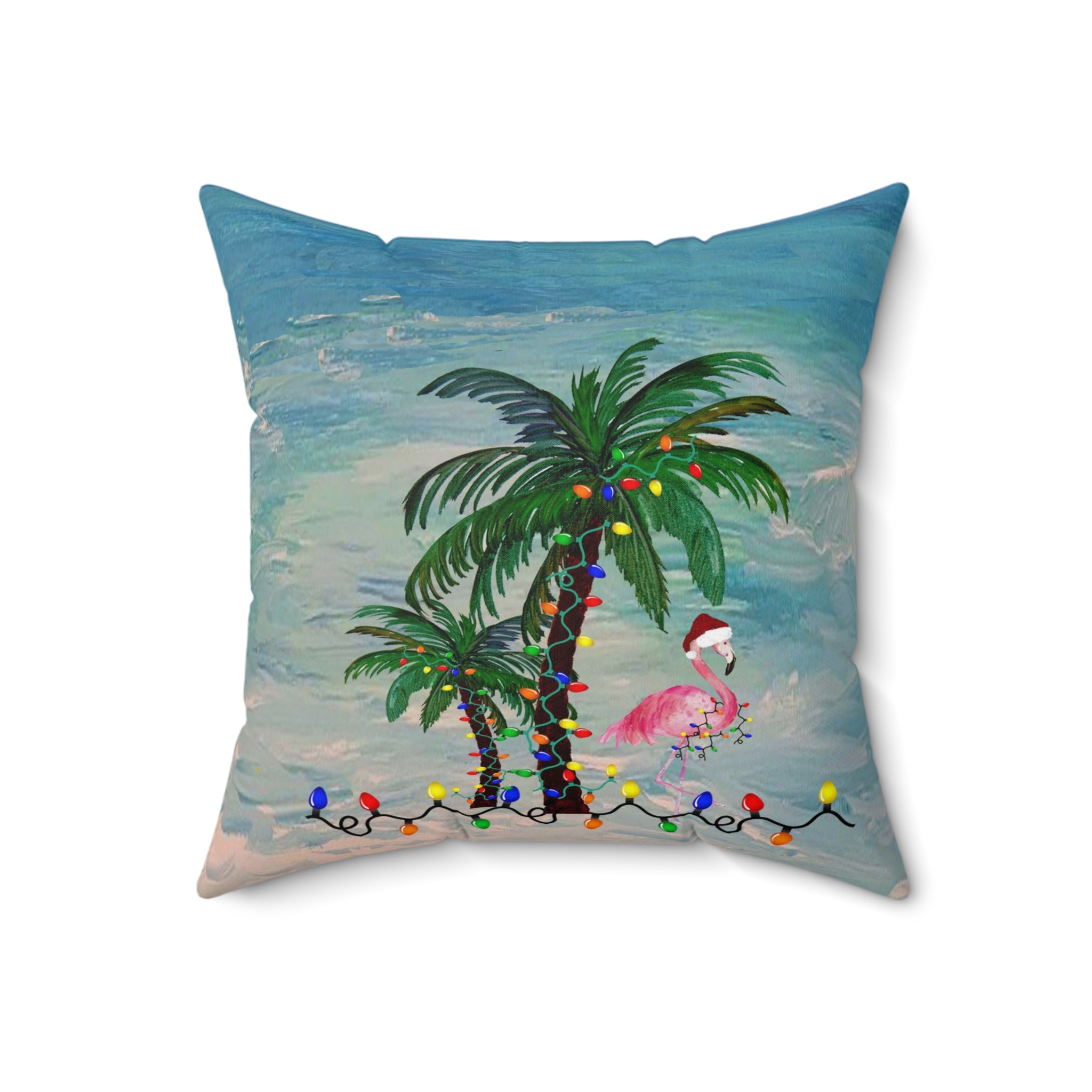 Tropical Christmas Palm Pillow — Flamingo & Holiday Lights Square Throw Pillow