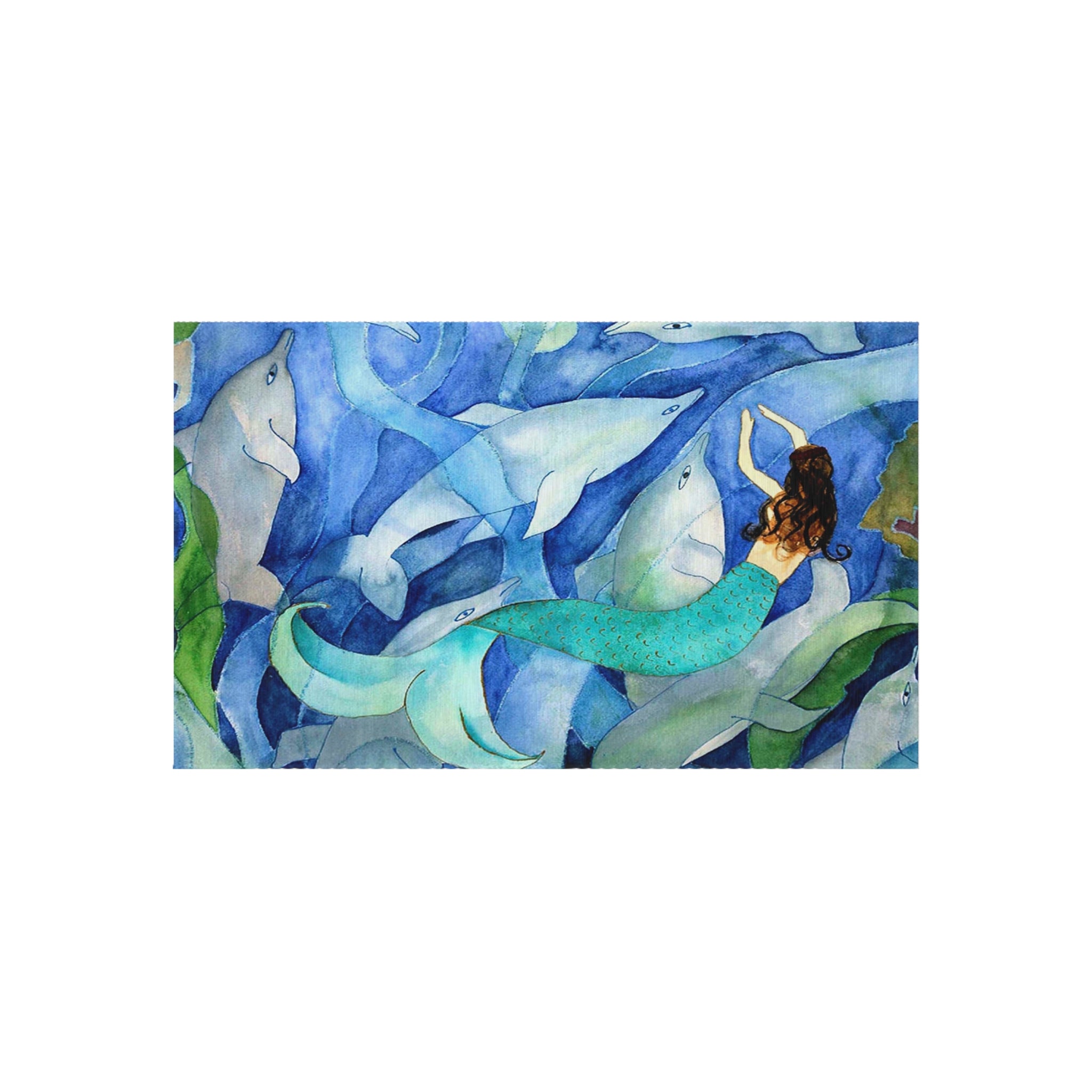 Mermaid & Dolphins Outdoor Rug — Nautical Coastal Patio Mat