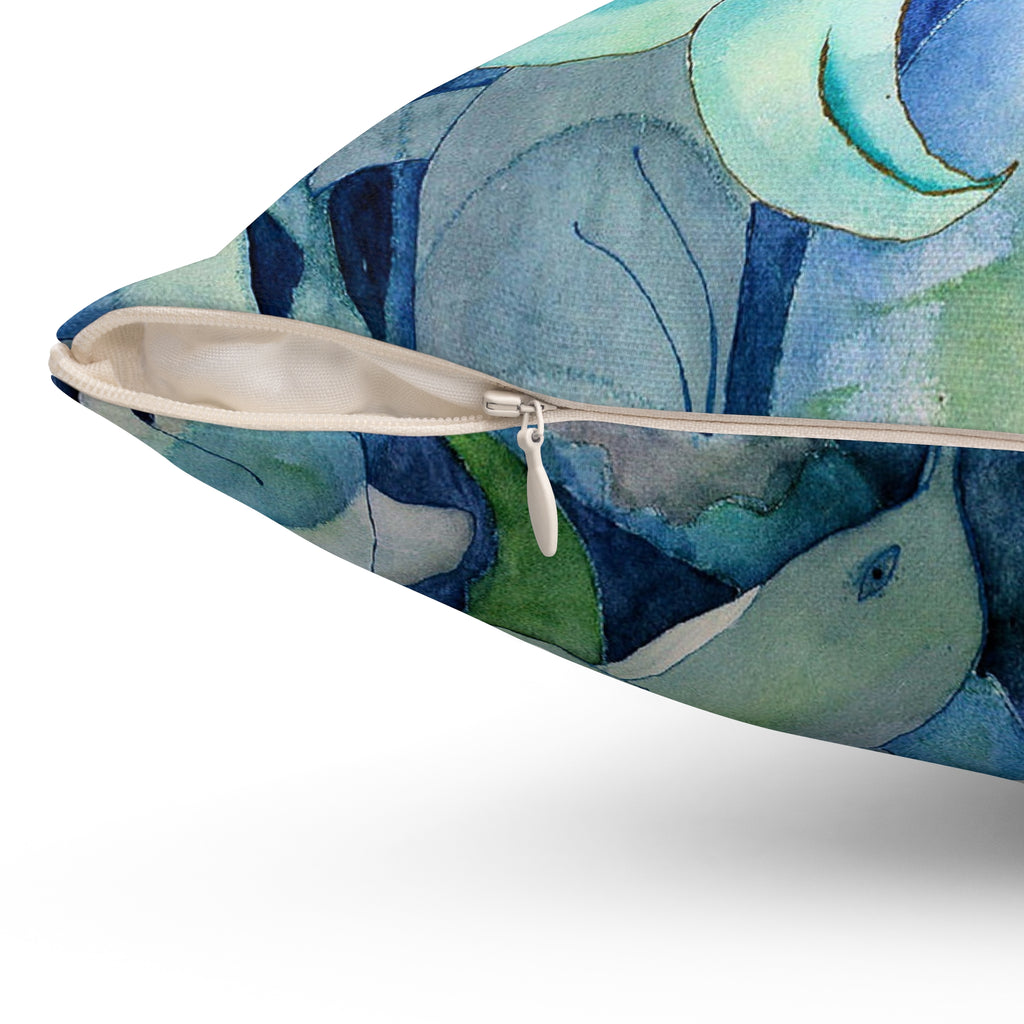 Mermaid & Dolphins Watercolor Throw Pillow — Ocean Blue Decorative Cushion