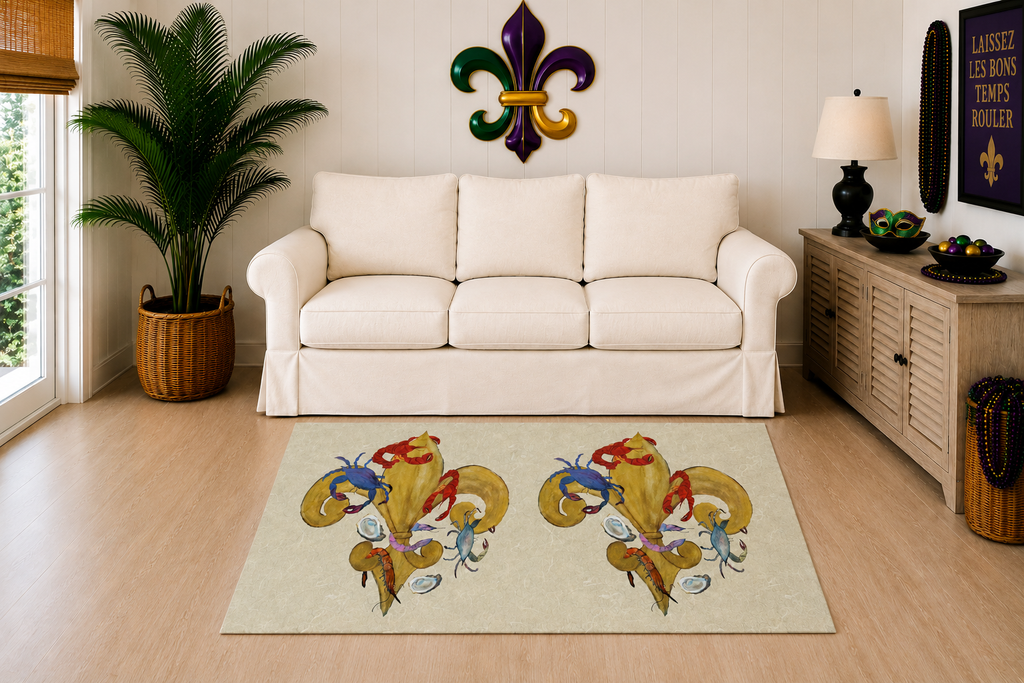 Cajun Fleur-de-Lis Area Rug — Gold with seafood Accents Mat