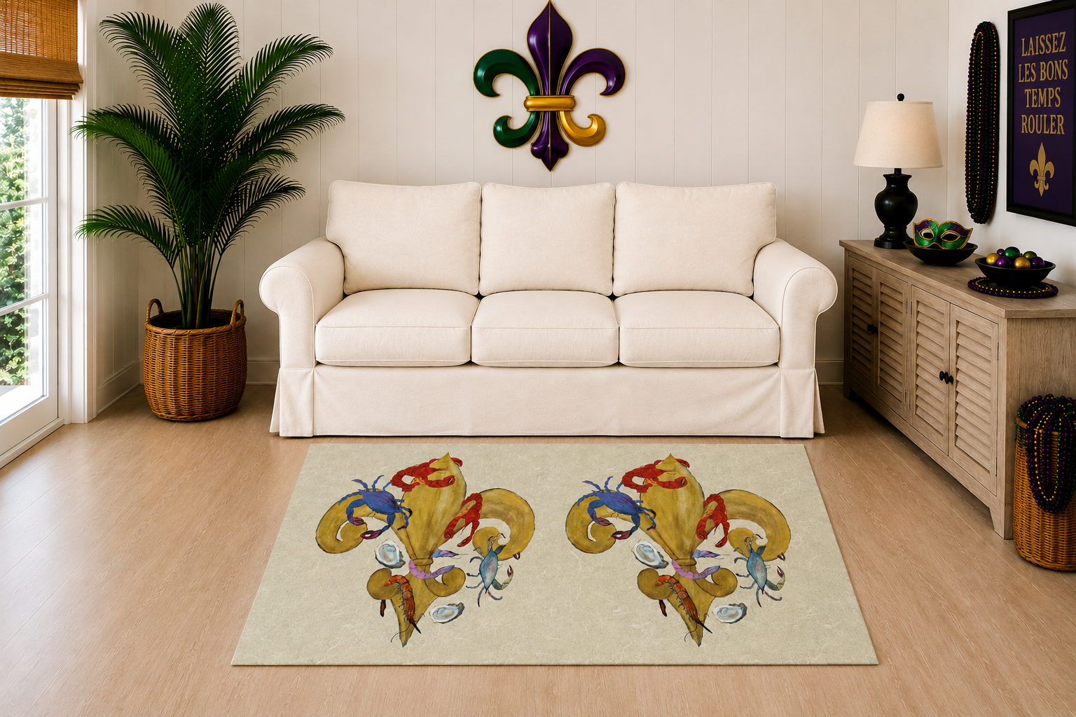 Cajun Fleur-de-Lis Area Rug — Gold with seafood Accents Mat