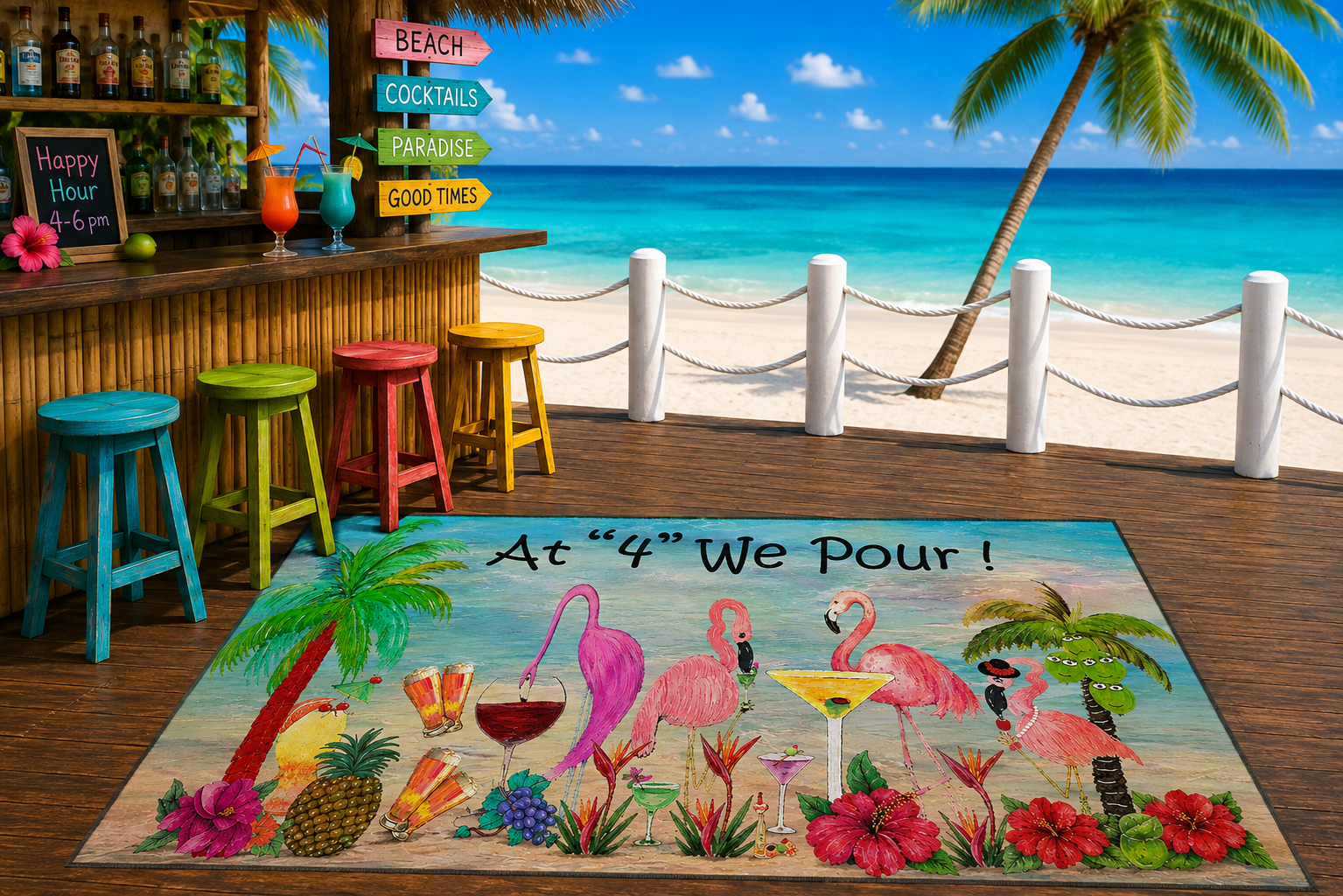 Tropical Flamingo Cocktails Doormat — "At '4' We Pour!" Heavy Duty Floor Mat