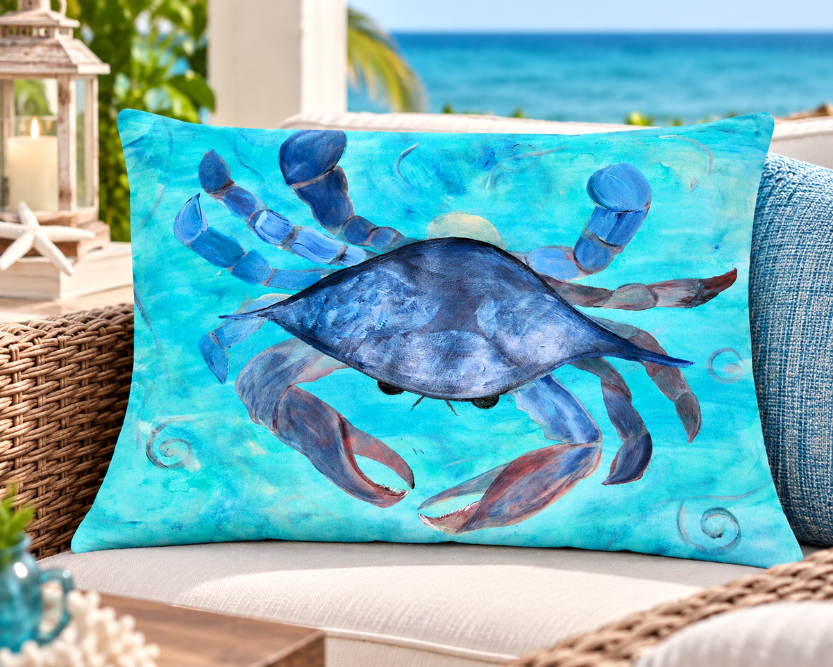 Blue Crab Coastal Lumbar Pillow — Ocean Nautical Accent Pillow