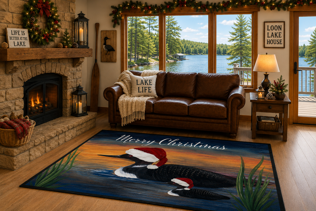 Christmas Loon Rug Doormat - "Merry Christmas" Holiday Waterfowl Floor Mat