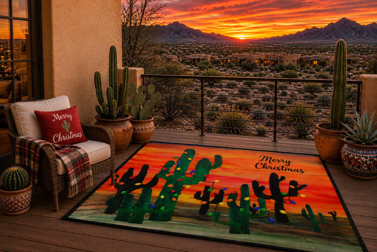Christmas Cactus Doormat - "Merry Christmas" Desert Sunset Floor Mat