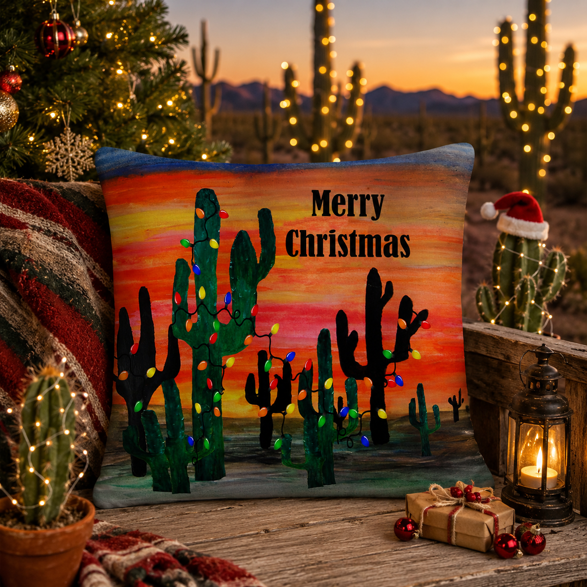 Cactus Christmas Pillow — 'Merry Christmas' Desert Holiday Throw Pillow