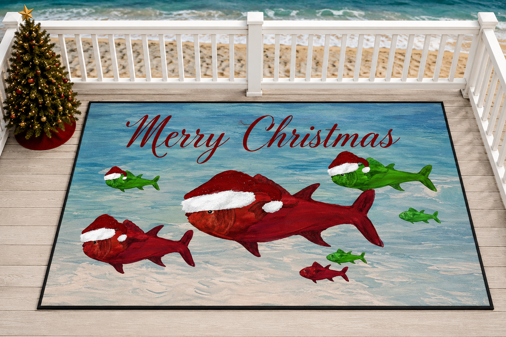 Christmas Fish Floor Mat — Merry Christmas Santa Hat Fish Holiday Door Mat