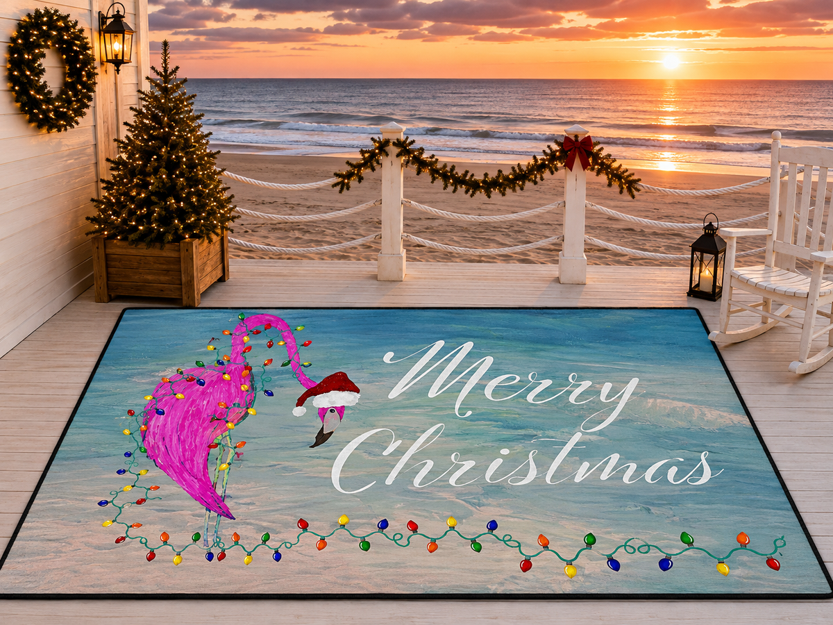 Christmas Flamingo Heavy-Duty Floor Mat — 'Merry Christmas' Holiday Doormat