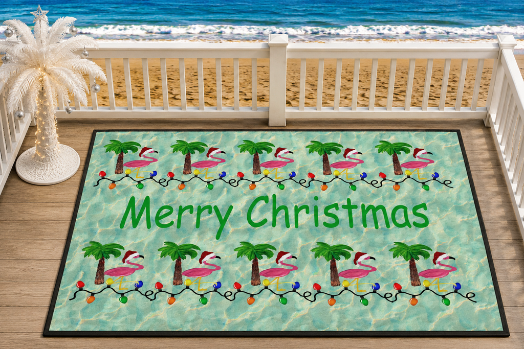 Tropical Flamingo Poolside Christmas Mat – Holiday Floor Mat for Patio & Pool