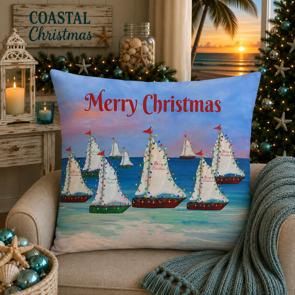 Merry Christmas Sailboat Pillow — Coastal Holiday Decorative Throw Pillow