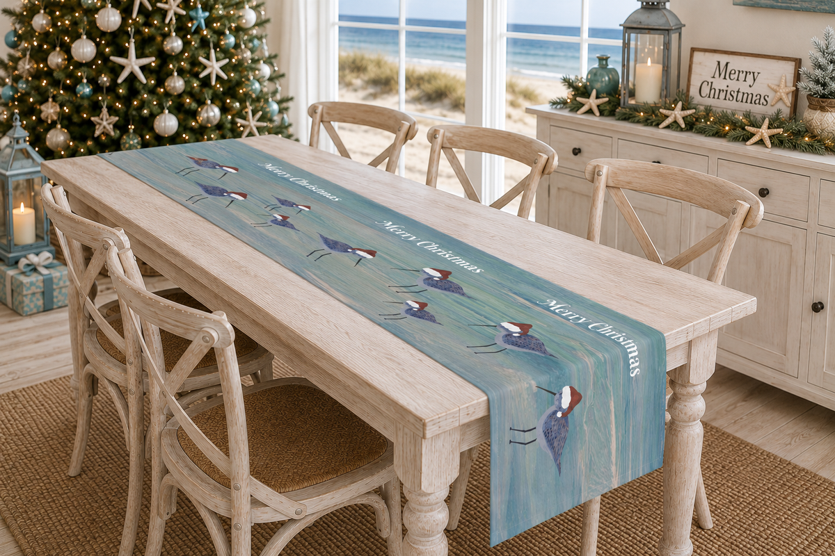Christmas Shorebirds Table Runner – 'Merry Christmas' Coastal Holiday Decor
