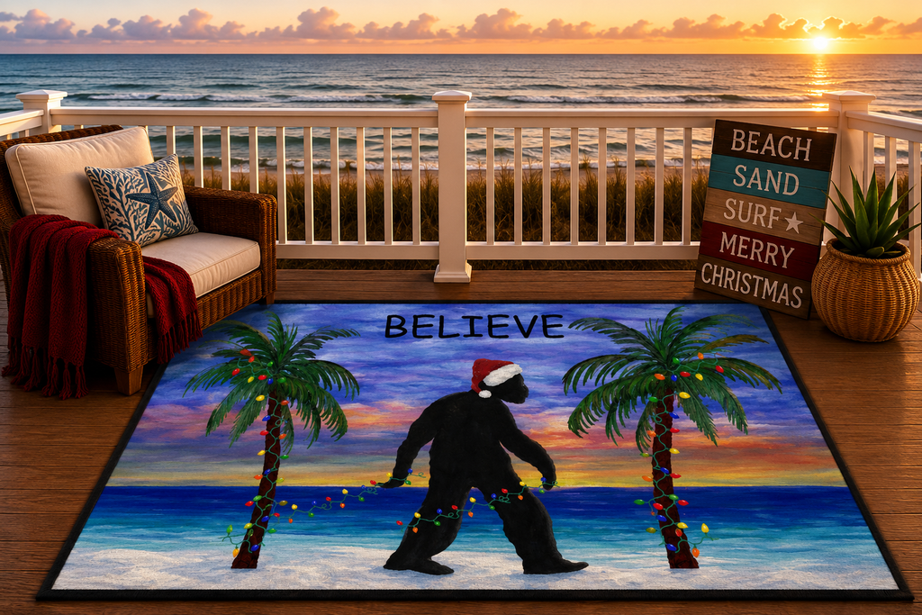 Christmas Beach Sasquatch Doormat — Holiday Palm Tree Welcome Mat
