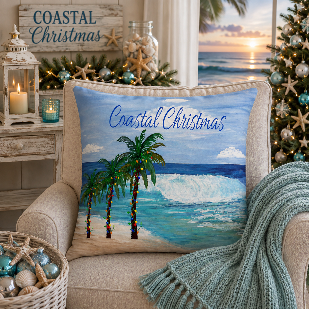Coastal Christmas Throw Pillow - Tropical Palm Tree Beach Holiday Decor