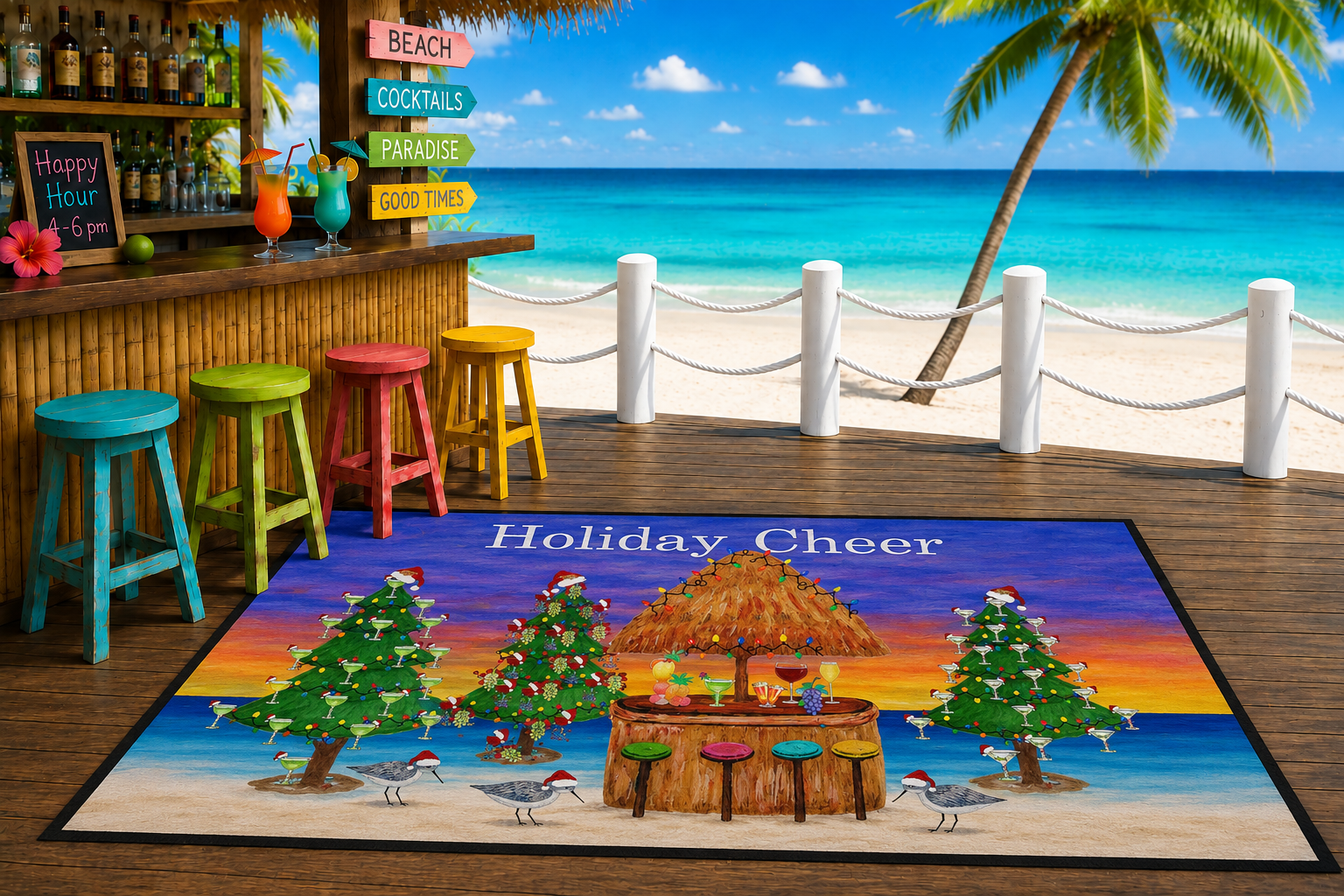 Merry Christmas Tropical Tiki Floor Mat — Heavy Duty Holiday Doormat