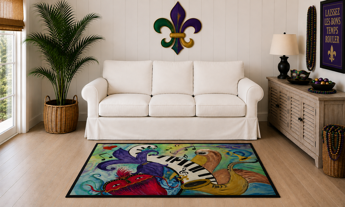Mardi Gras Jazz Floor Mat — Colorful Musical Mask & Saxophone Doormat
