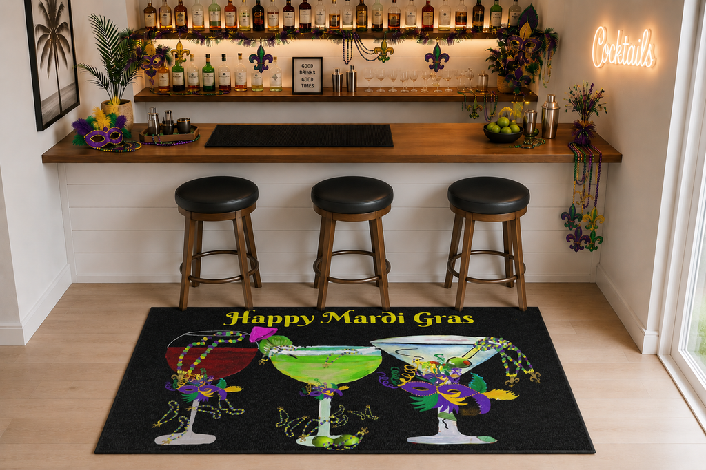 Mardi Gras Cocktail Area Rug — "Happy Mardi Gras" Festive Party Mat