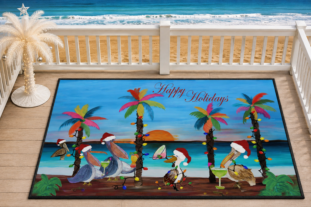 Christmas Pelican Party Cocktails Beach Mat — "Merry Christmas" Holiday Doormat