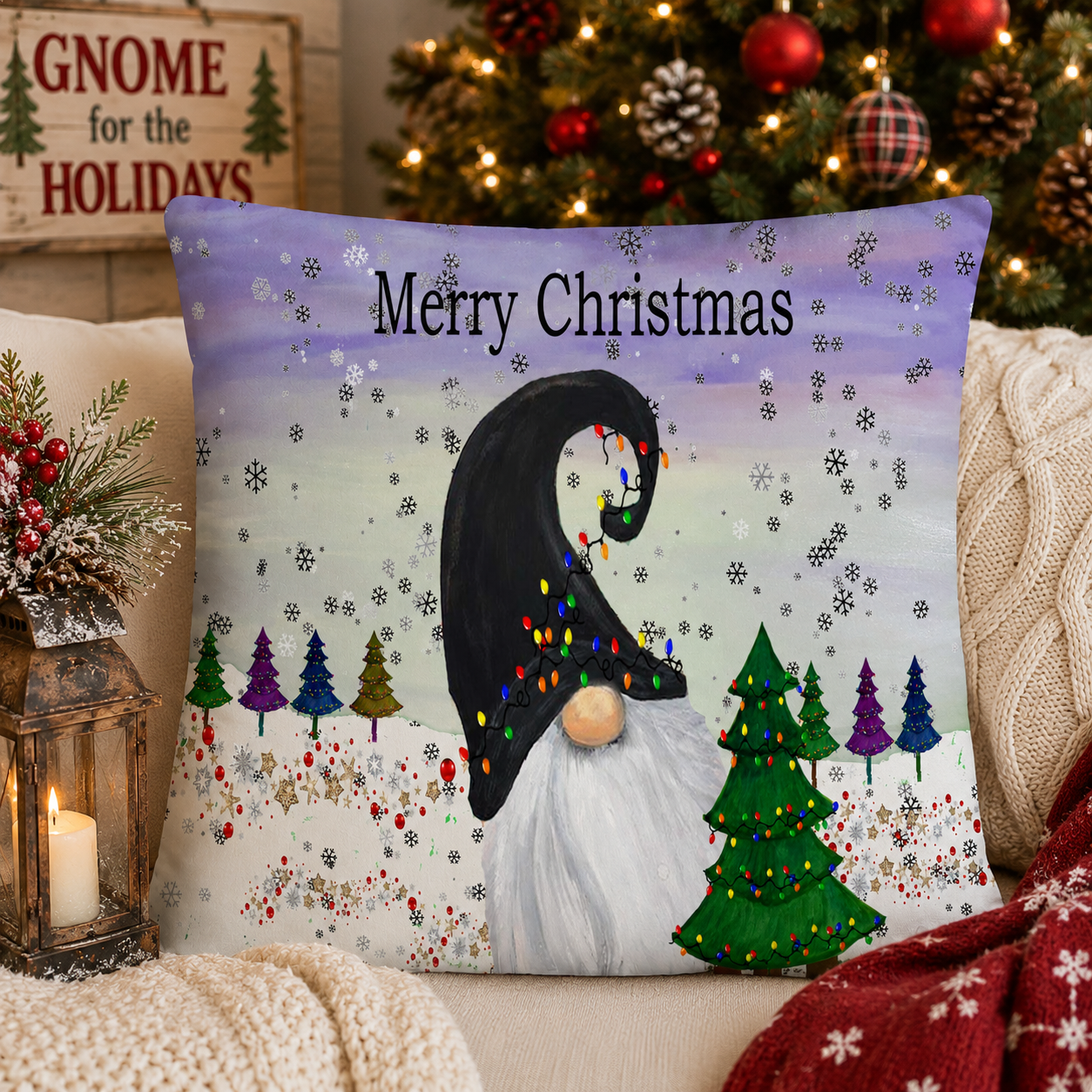 Merry Christmas Gnome Throw Pillow – Holiday Decorative Cushion with Festive Lights