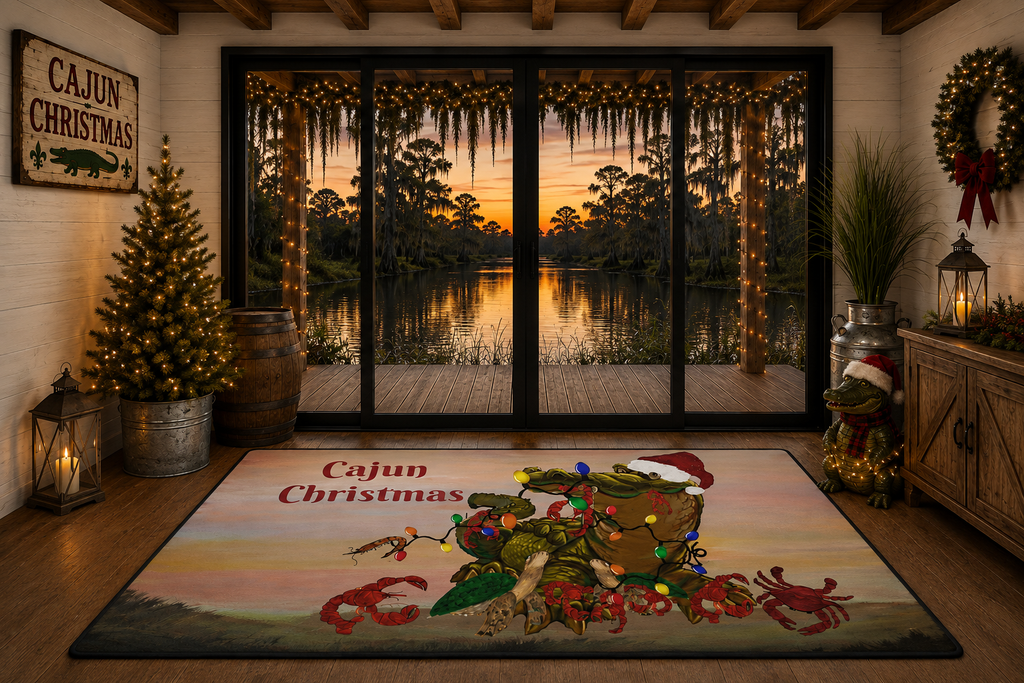 Cajun Christmas Floor Mat – Heavy Duty Holiday Welcome Mat with Crab & Gator Lights