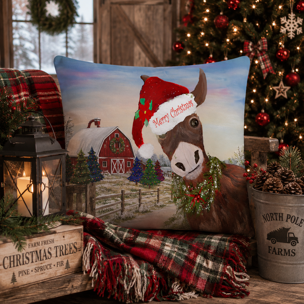Christmas Donkey Throw Pillow - 'Merry Christmas' Festive Farmhouse Decor