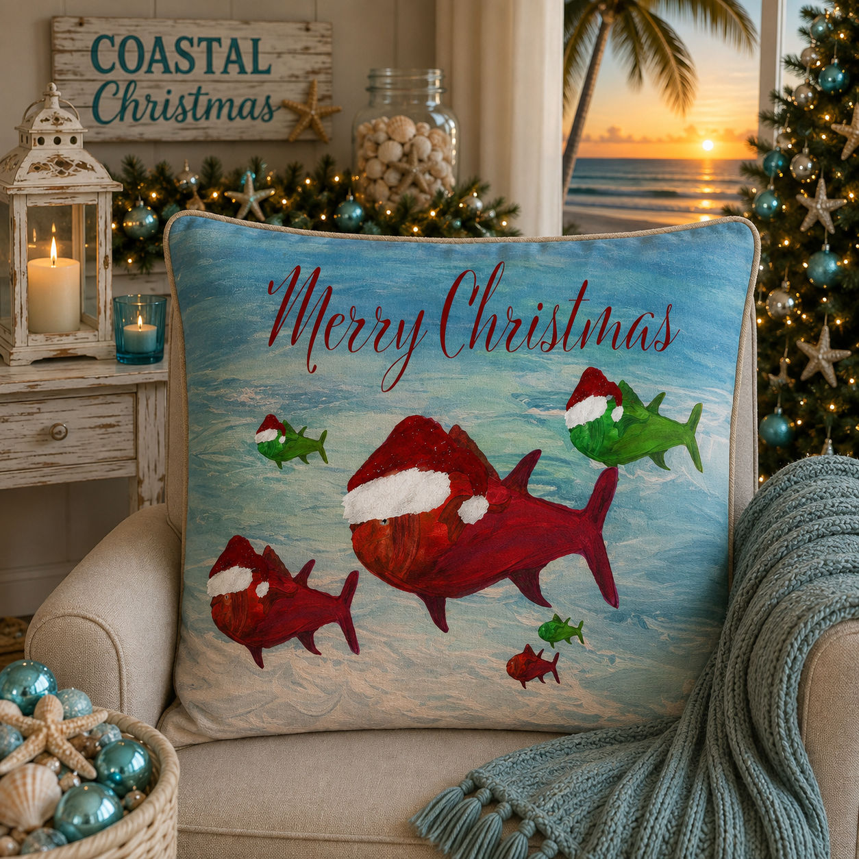 Christmas Fish Throw Pillow — 'Merry Christmas' Nautical Holiday Decor