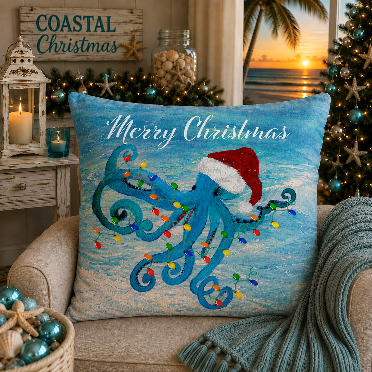 Merry Christmas Octopus Pillow — Festive Santa Hat Sea Creature Throw Pillow