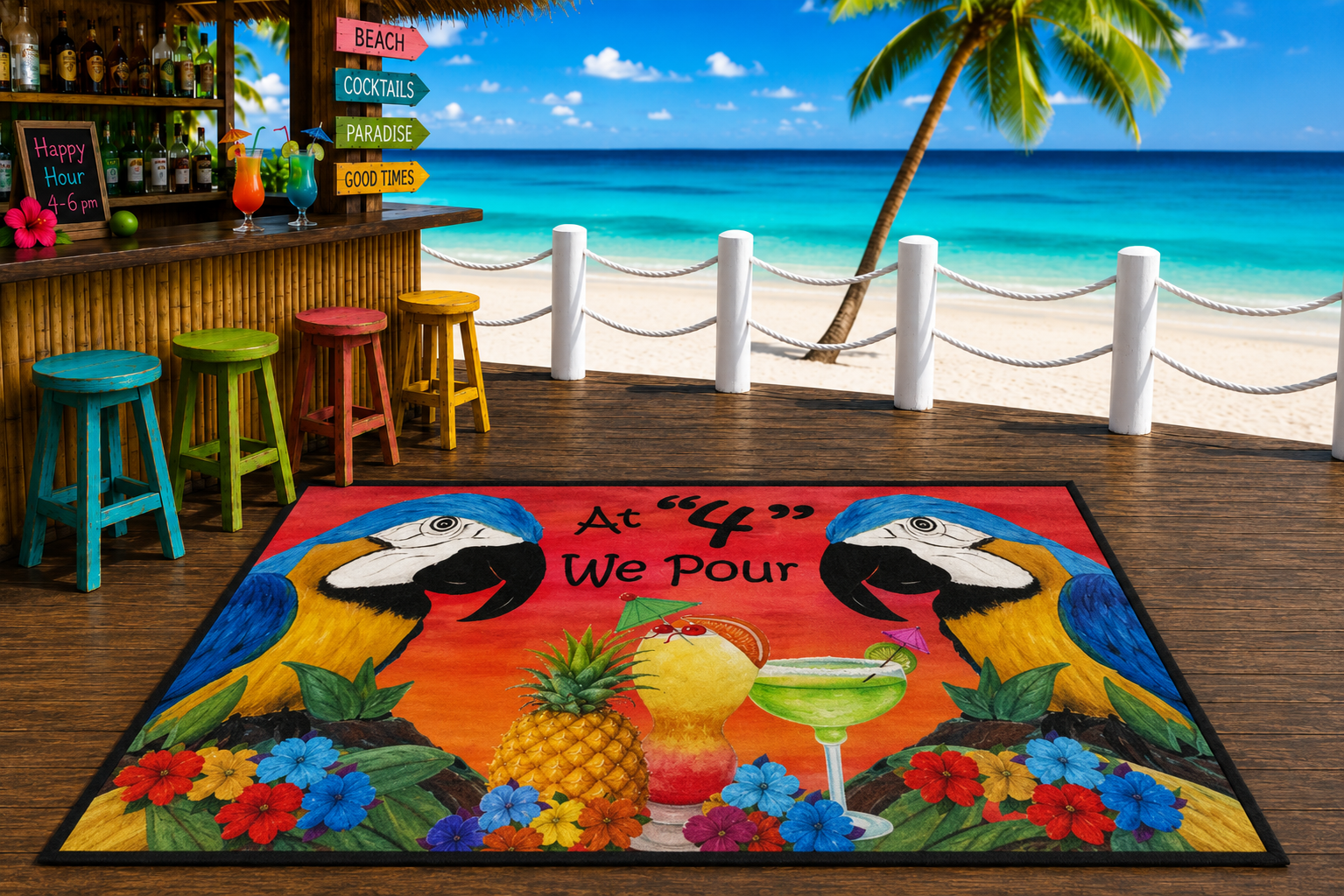 Tropical Parrot Floor Mat — "At 4 We Pour" Bar Welcome Doormat