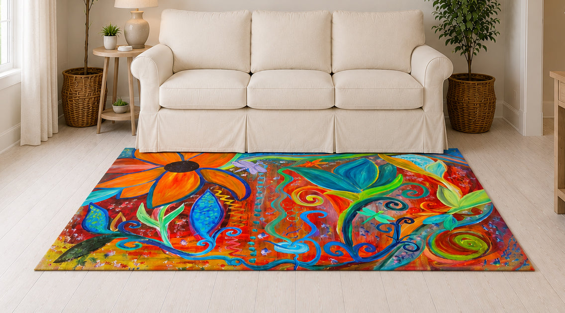 Vibrant Floral Boho Area Rug — Colorful Swirl Garden Accent Rug